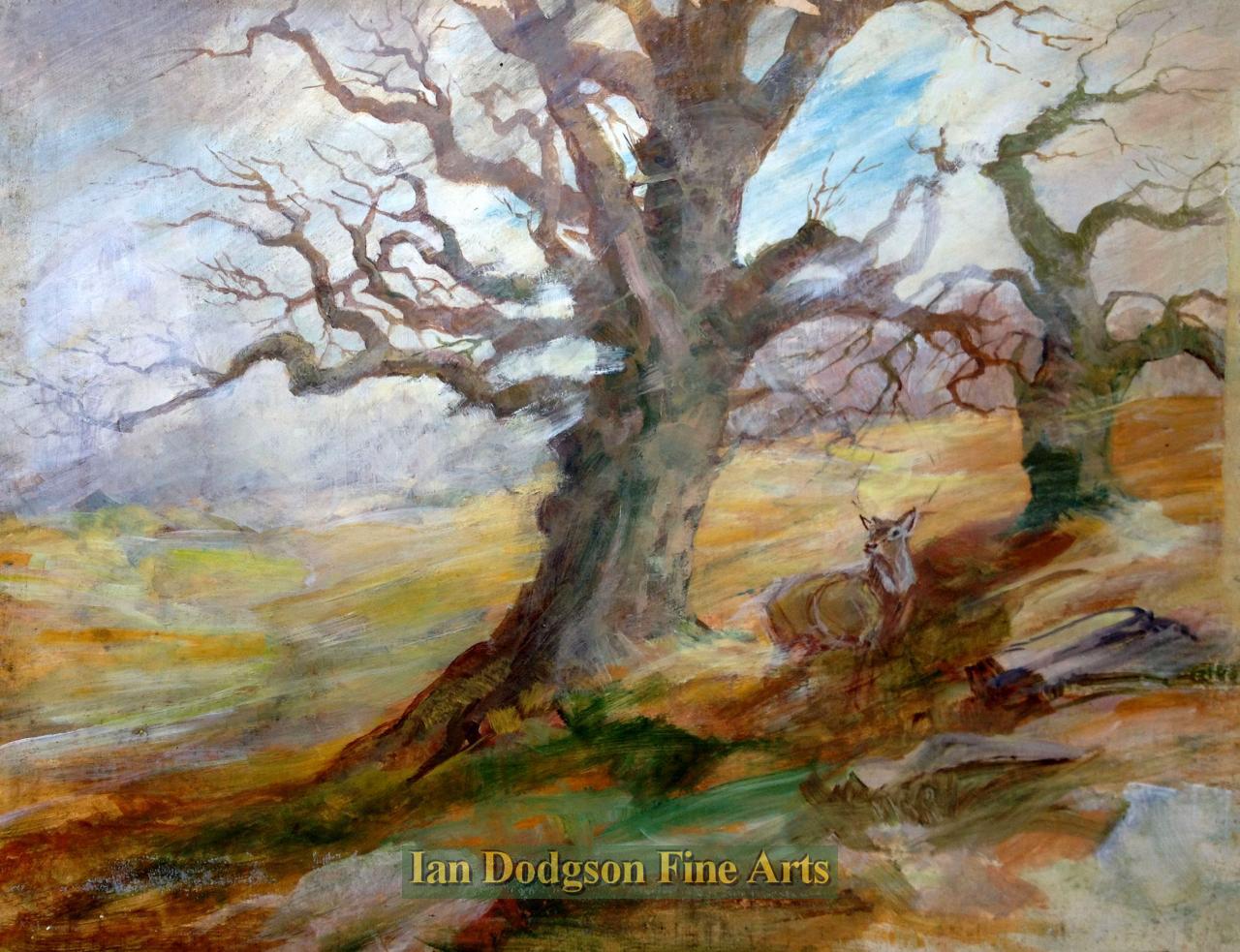 Barbara Brassey - Deer Under Trees, Sketch from her studio Oil on canvas (undated)