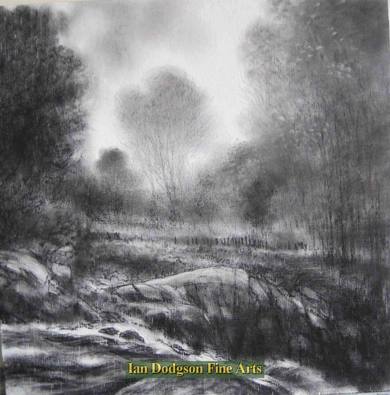 Jeremy Yates - Sky Trees Rocks Water (Ogwen) Charcoal on board (undated)
