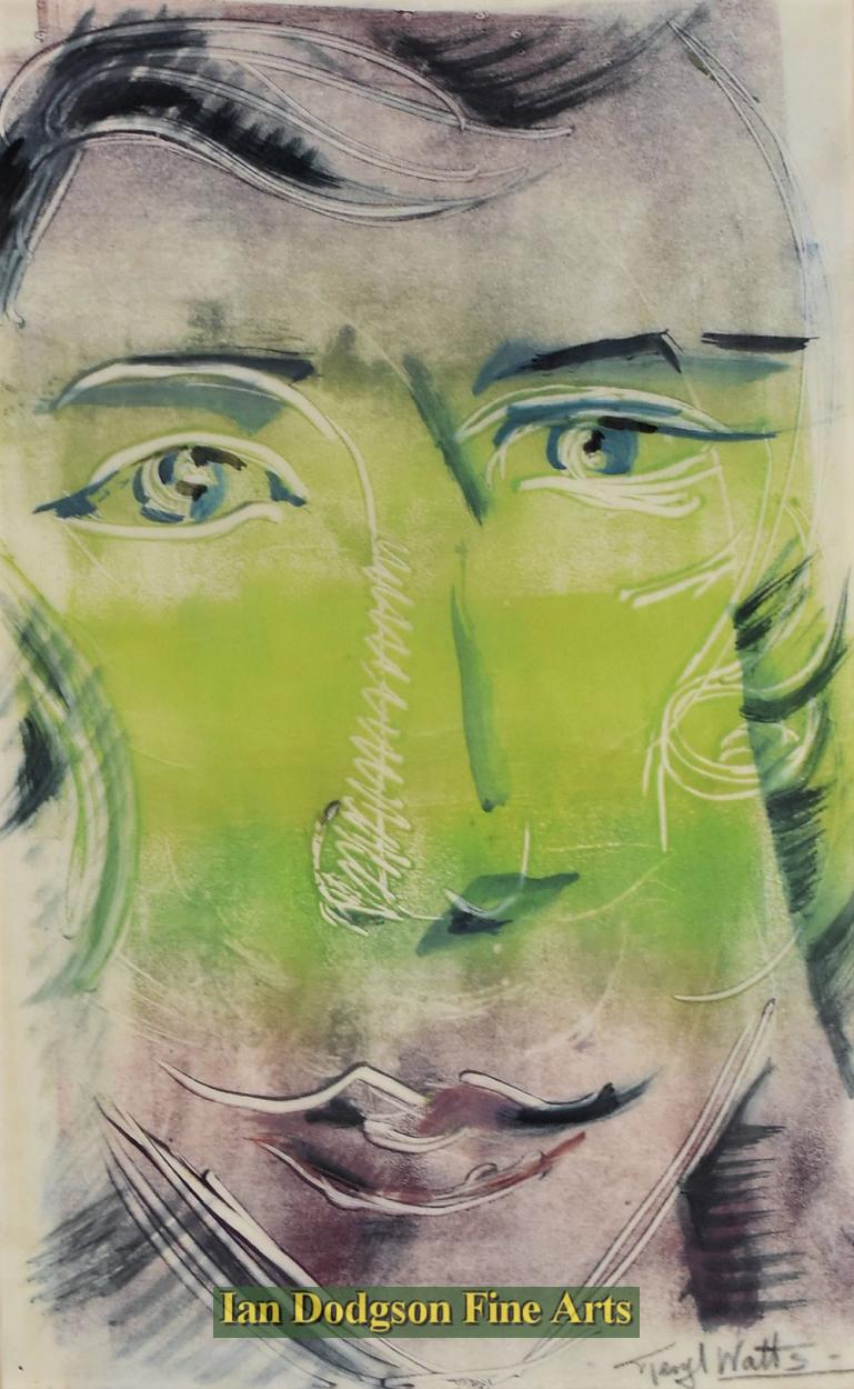 Meryl Watts - Woman`s Head Mixed Media Monoprint (c1960)