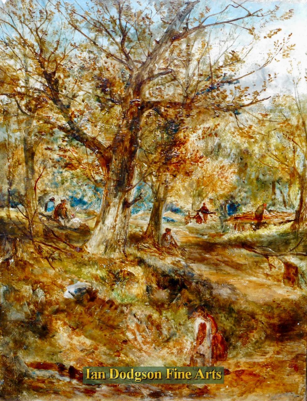 William Joseph Julius Caesar Bond - Working in the woods Oil on panel (c1870)