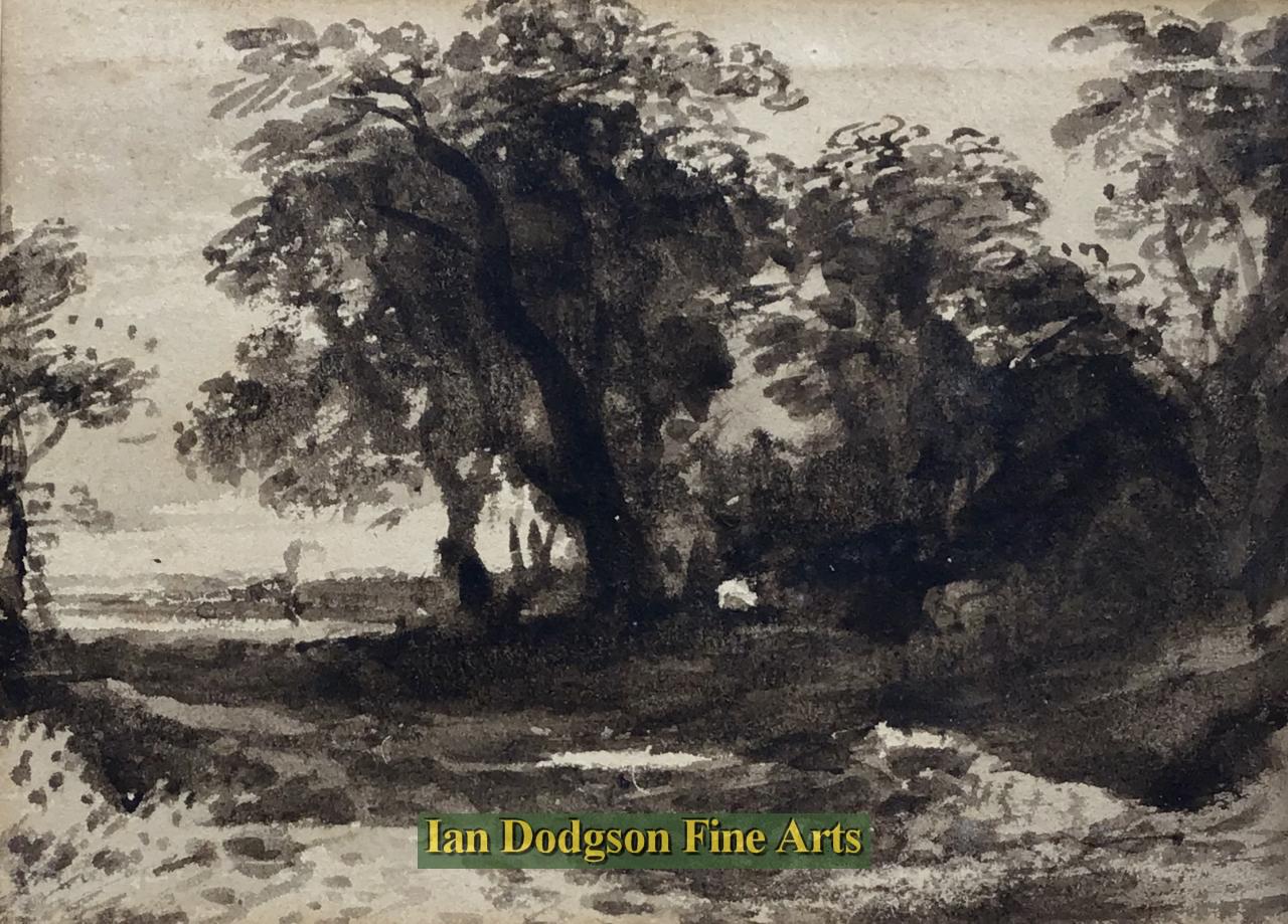 John Varley - Woodland Scene with a Distant Town Pen & Wash (c1830)