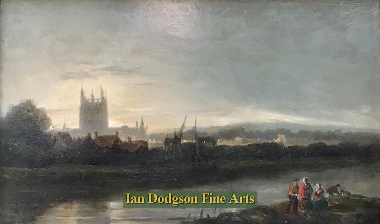 Henry Dawson - Early morning Worcester Cathedral Oil on panel (c1830)