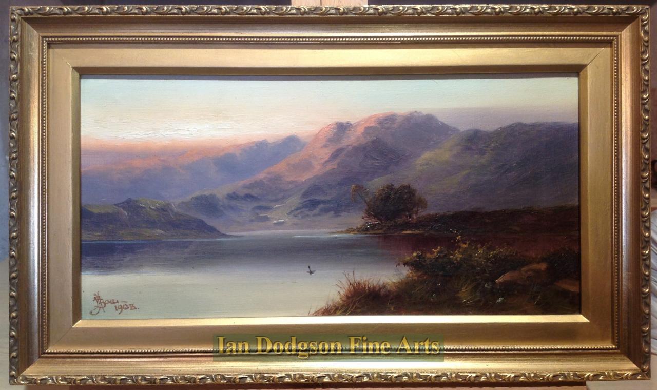 Sunset on the lake by John Henry Boel (fl.c. 1890-1910)